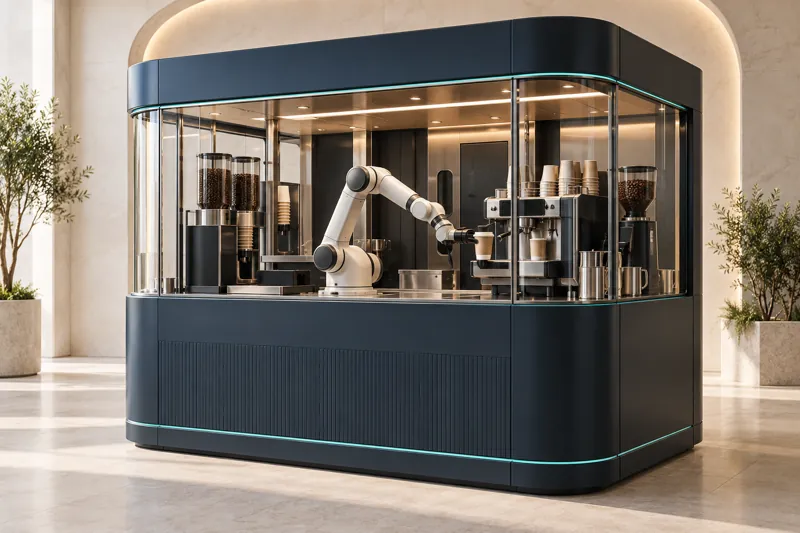 Concept visual illustrating robotic barista coffee kiosks