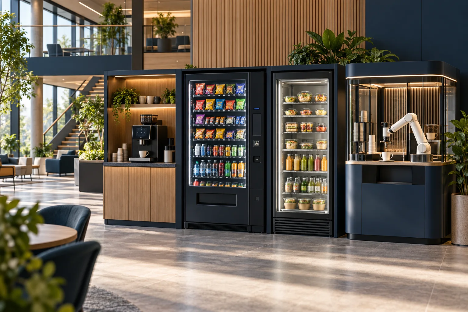Concept visual of coffee, snack and drink machines, a smart fridge and robotic coffee equipment